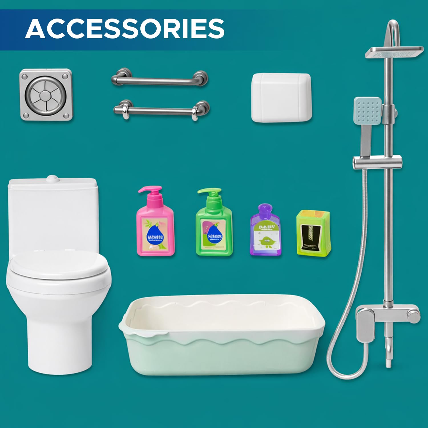 NHR Shower Set Kids Bathroom Pretend Playset – 2-in-1 Interchangeable Mini Bathtub & Toilet Unit with Overhead Shower, Wand, Towel Bars, and Bath Accessories – Furniture Toy Gift for Kids Aged 3+ 4