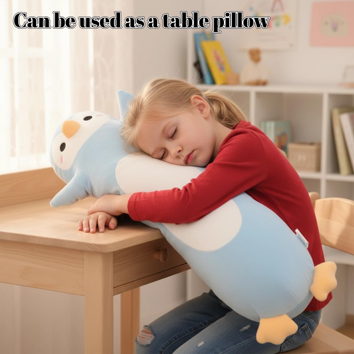 Pinguino, morbido peluche lungo pinguino da abbracciare, grande cuscino per bambini, regalo di compleanno per ragazzi e ragazze (blu chiaro, 110 cm)
