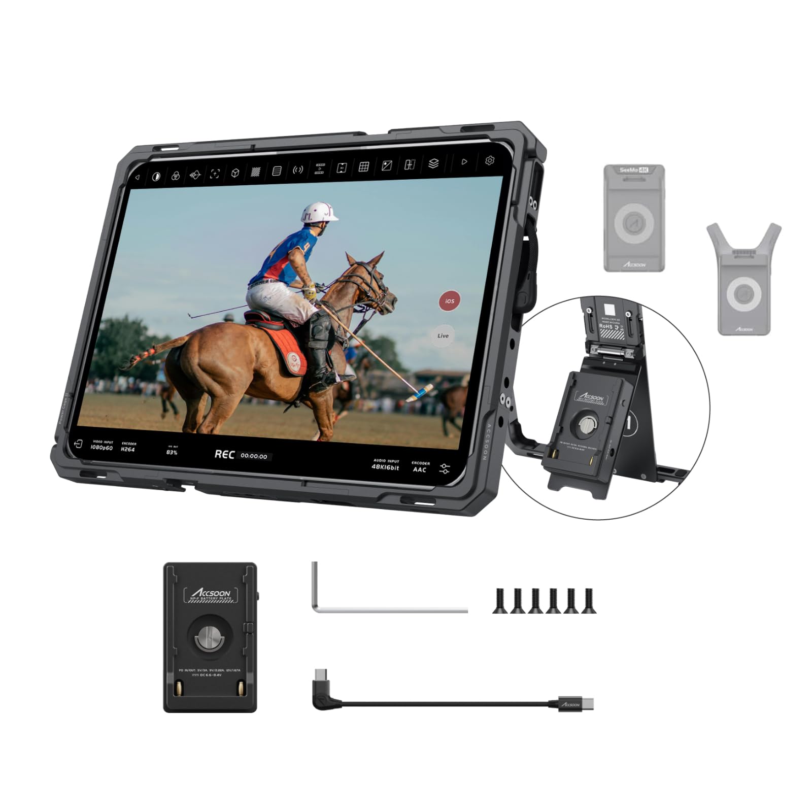 Accsoon Monitor Cage for iPad Pro 13'' M4/M5 2024/2025&amp;Gen 3,4,5,6 &amp; Air 6/7&amp;Air 6/7 Video Stabilizer with NP-F Battery Plate Adapter, Use SeeMo/4K/CineView Series for Video Monitoring/Livestreaming