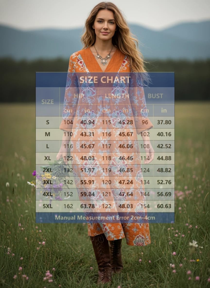 Women's Boho Floral Long Sleeve Beach Vacation Midi Dresses, Plus Size Casual Tunic Flowy V Neck Comfy Cruise Dress for Women - Image 5