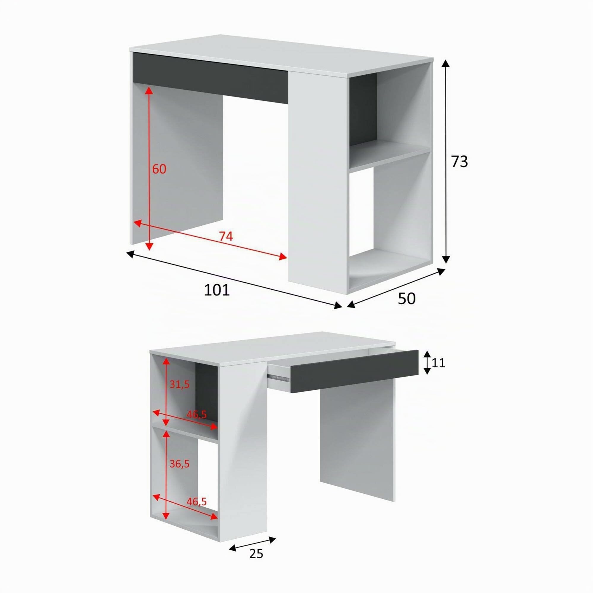 Dmora Scrivania Boise 50x101x73h cm Bianco un Cassetto Modulabile, 2 Ripiani