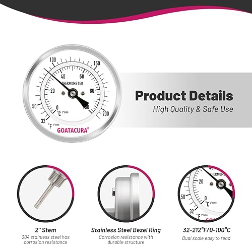 Miniatura 4 de Termómetro de esfera para elaboración de cerveza, caja y sonda de acero inoxidable 304, tamaño de dial de 3 pulgadas, longitud del vástago de 2