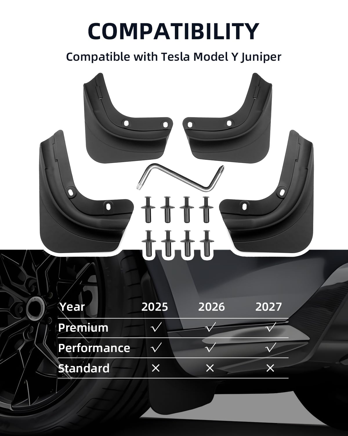 Garde-Boue pour Tesla Model Y Juniper 2025 2026 2027, 4Pcs Bavettes Avant et Arrière avec Vis de Montage, Pare Boue Anti-Éclaboussures Accessoires Pas Besoin de Percer [Pas pour Standard]