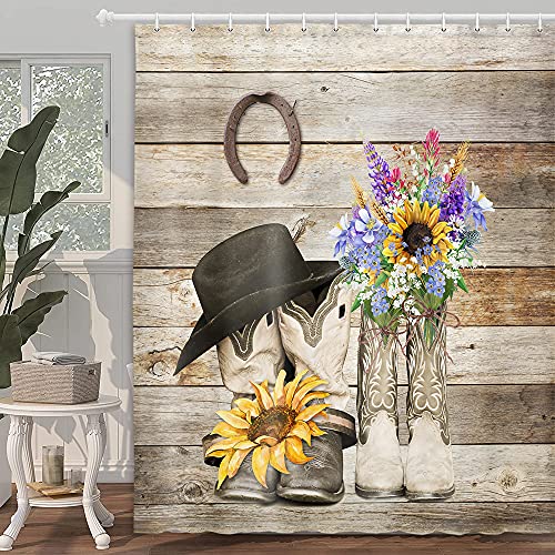 Rustic Western Shower Curtain, Western Hat Sunflowers In West Cowboy Boots Shower Curtains Set, Country Farmhouse Horseshoe Wood Barn Door Bathroom Shower Curtains Polyester 12Pcs Hook 69X70In #TOP1