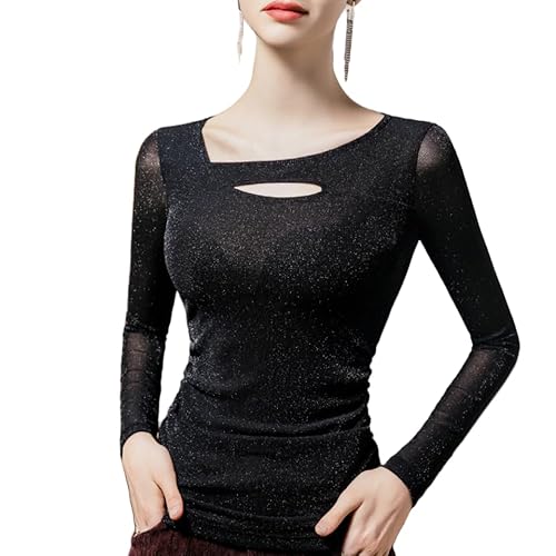 Image of Womens Sheer Mesh Tops Shirts, Long Sleeve Mock Neck See-Through Slim Ladies Blouse T-Shirt Clubwear (Black,3X-Large)