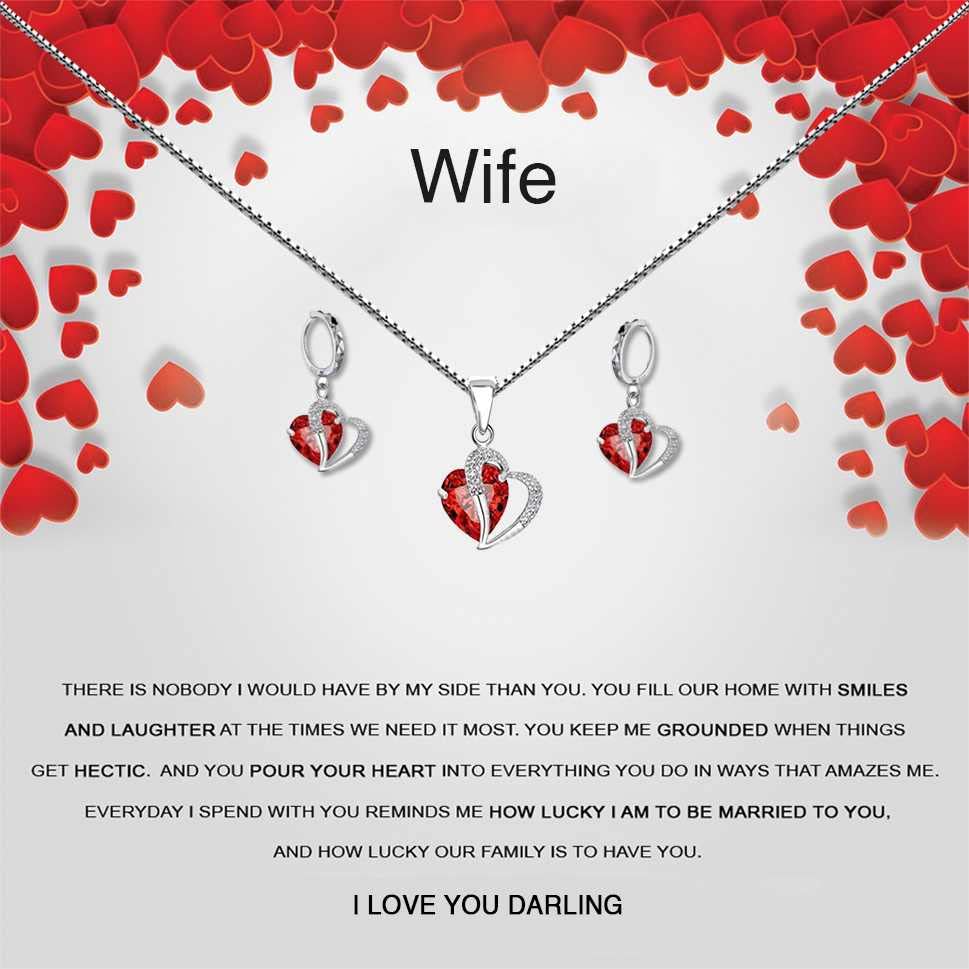Bling QueenWomen's Jewellery Set with Personalized Message Card, Elegant And Trendy Jewellery Sets For Women, Heart Cut Zirconia Pendant Earring And Necklace, Dainty Chain Necklace And Hoop Earring(Wife)