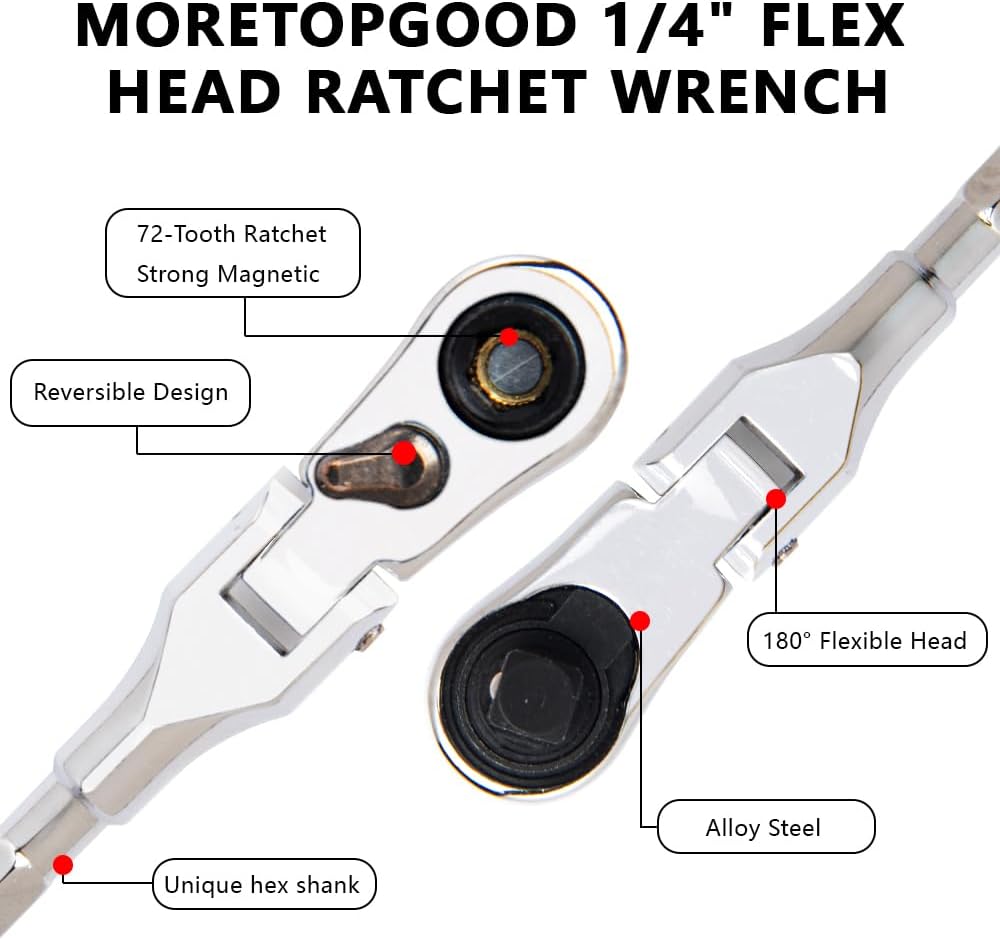 Flex Head Ratchet Wrench,2 in 1 Mini Hex Bits Adapters for Socket & Bit Driver,1/4 Inch Stubby Ratchet Wrench,72-Tooth Gear