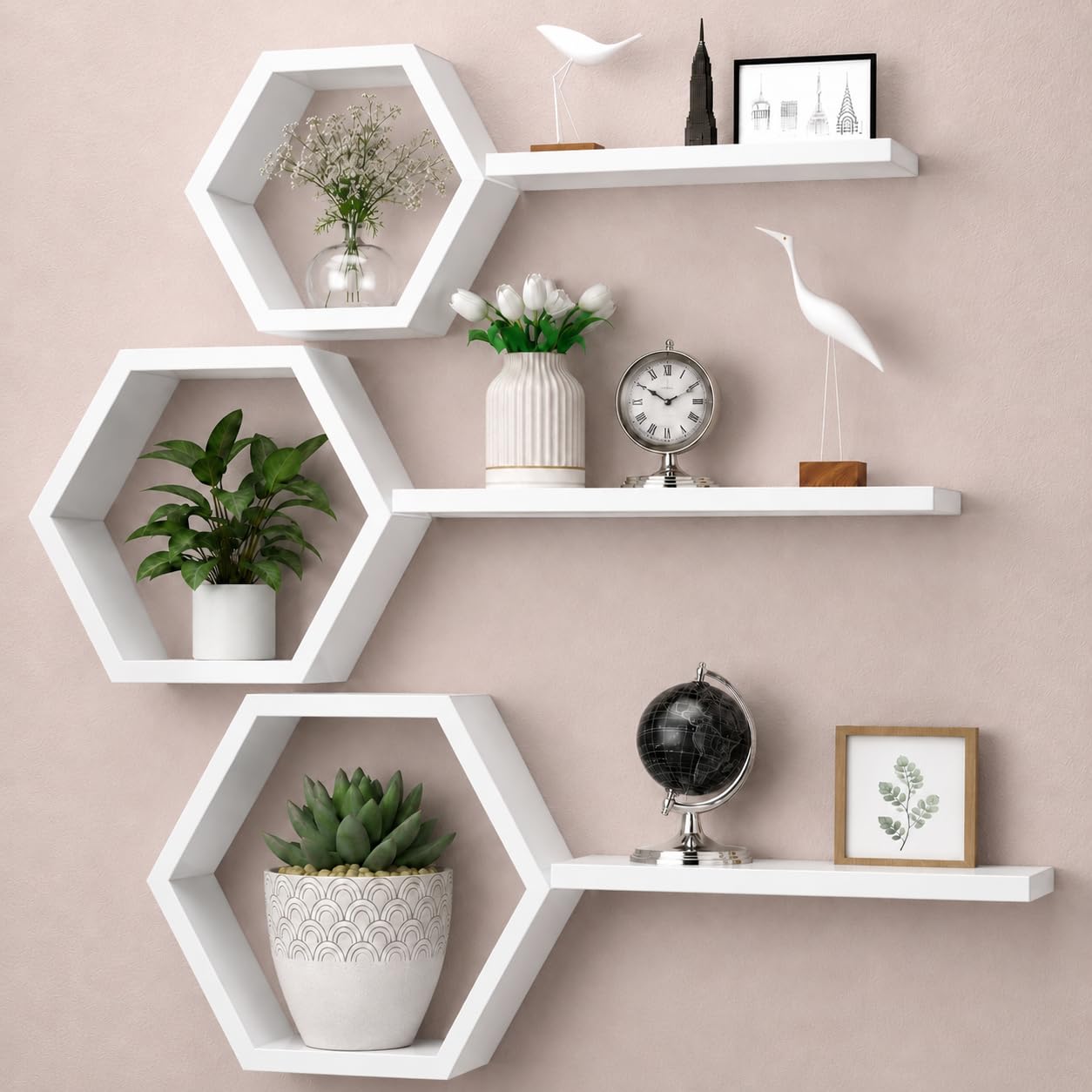 Wooden Floating Wall Shelves Wall Mounted Set of 6 Hexagon Display Shelves for Living Room, Bedroom, Kitchen & Office, Engineered Wood Honeycomb Shelf for Photos, Plants, White, 40 x 40 x 10 cm-image-16