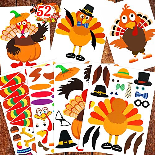 52pcs Thanksgiving Crafts for Kids, Make-A-Turkey Stickers Party Games/Favors/Supplies(Style1)