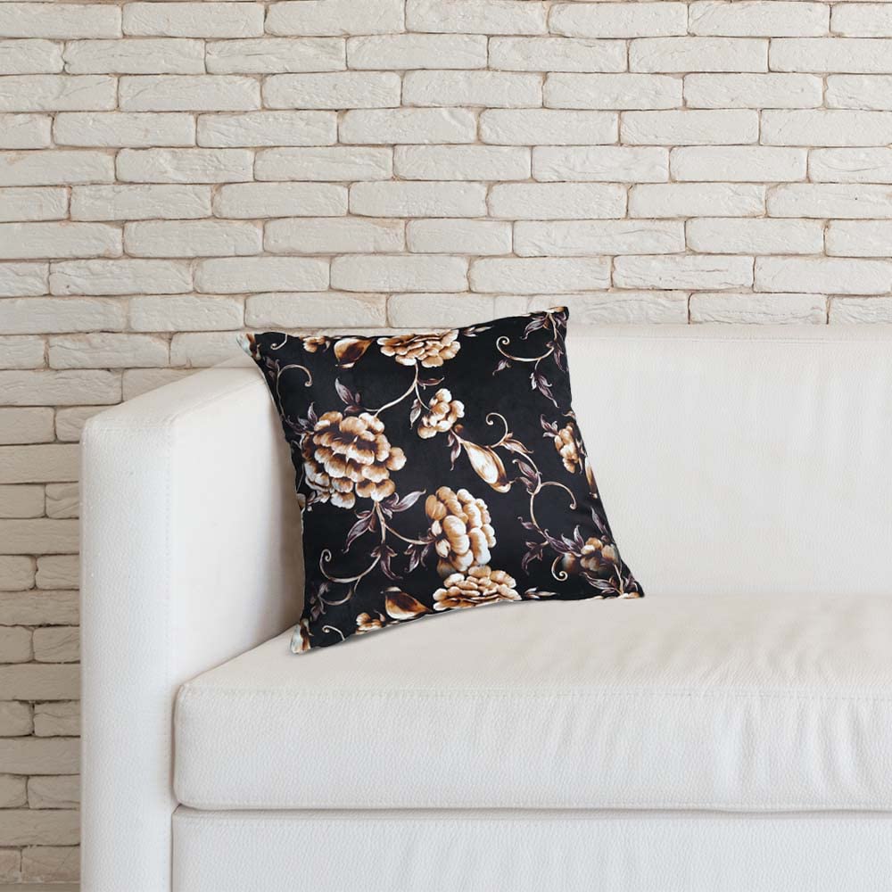 Profuse Luxurious Holland Velvet Sofa Pillow Cushion Cover Set of 2 for Bedroom (14 x 14 Cover only, Black Flower Print)