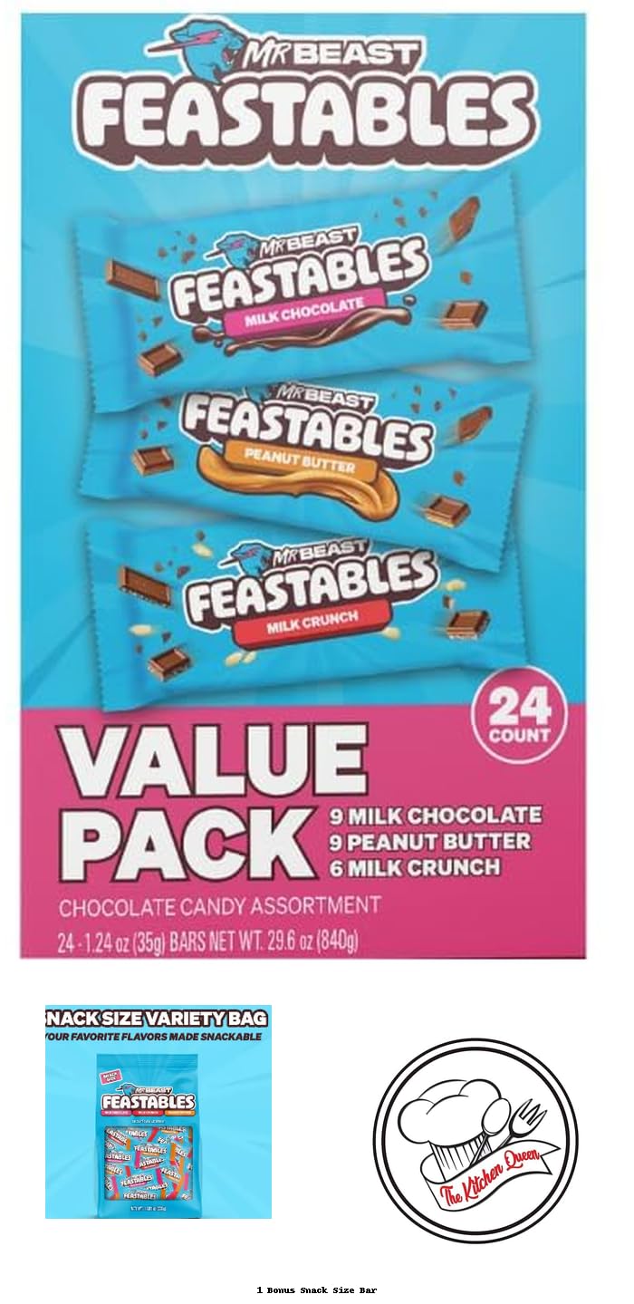Mr. Beast Feastalbes Bundle 2 boxes of 24 pack 48 bars BIG Variety Pack Milk Chocolate Bars, Fair Trade, Assorted Flavors,2 times 24 Pack, 1.24 oz Bars, Room Temperature Safe And BONUS SNACK BAR in "The Kitchen Queen"Packaging 3 items bundle