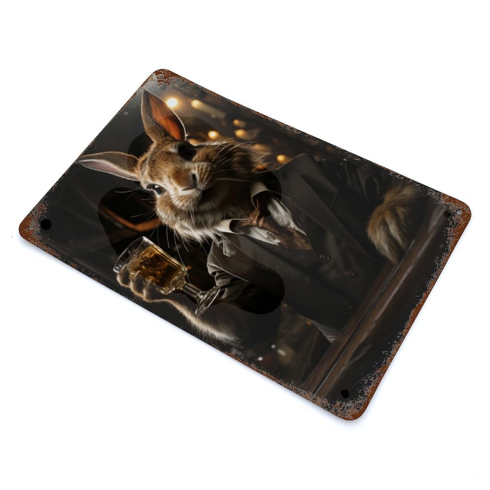 Rabbit Drinking Whiskey Vintage Wall Sign 11.8"x7.9", Rust Effect Metal Decor for Cafe, Home Bar And Lounge Decor