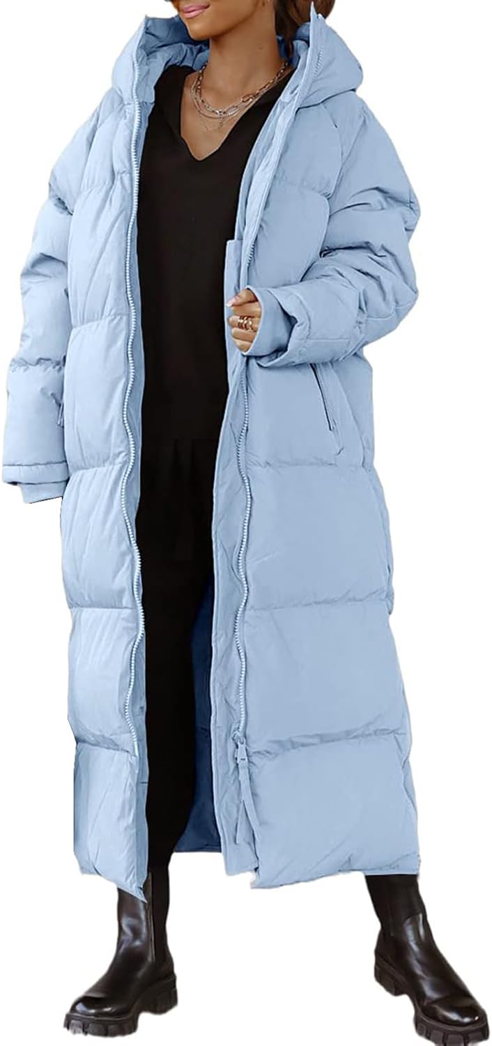 Mmoneyake Women Long Quilted Coat Hooded Zip Up Casual Thickened Down Jackets Winter Outerwear Snow Parka Trendy Warm Clothes