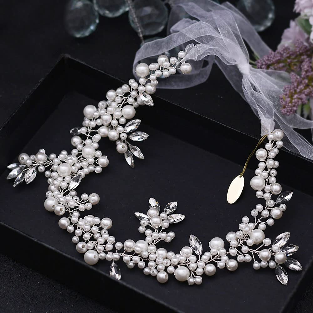 2 Pezzi Donna Accessori Acconciature Sposa Bianche Fascia Capelli Vite a Pelo Breve Cerchietti Damigelle - Gioielli per Testa Dorati Ragazza in Perle e Strass(40cm/15,7 Pollici)