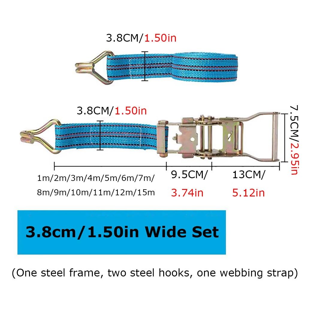 2 Tiras De Trinquete, Tensoras De Amarre De Trinquete Resistentes De Correa De Amarre Ajustable para Camión, Equipaje, Facturación, Coche, Bicicleta, Bloqueo De Rueda(W 3.8cm/1.50in,L 15m/591in.)