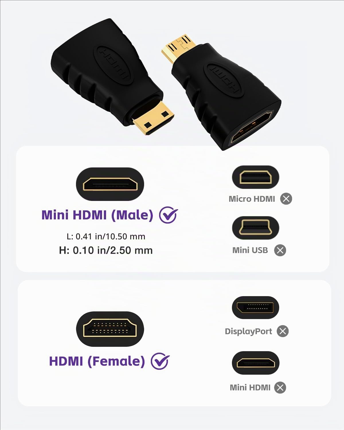 VCE Adattatore Mini HDMI Maschio a HDMI Femmina, Connettore Mini HDMI Placcato Oro, Prolunga HDMI 3D&4K 2 Pezzi