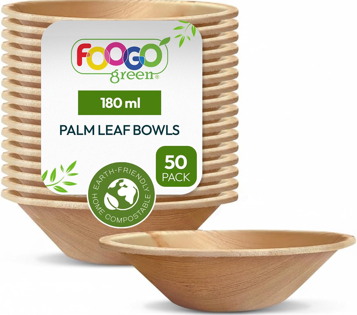 FOOGO Green 50pcs Disposable Palm Leaf Bowls 5" (12cm) Round 180ml (6oz), for Dips, Sauce & Dessert, Eco Friendly Biodegradable Like Wooden and Paper Bowls