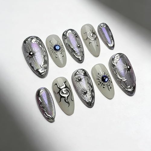 30Pcs Chrome Silver Press on Nails Short Almond French Fake Nails with 3D Blue Rhinestone Design Y2K Star Sun False Nails Glitter Full Cover Irregular Metal Silver Artificial Stick on Nails for Women - Colorful -50