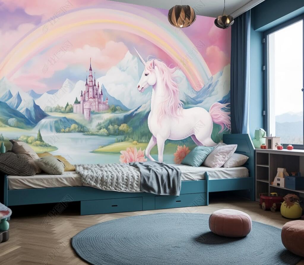 Générique Papier Peint Panoramique 3D Ciel Couleur Licorne Murale Chambre à Coucher Maison Décoration Intérieure, Papier Peint Intissé Fond Pour Chambre D'Enfant Salon Murale 350x256 Cm