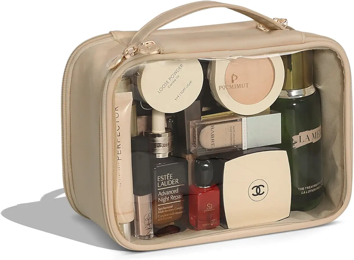 Pocmimut Travel Makeup Bag - Leather Double Layer Make Up Bag Clear Cosmetic Bag with Zipper, Large Makeup Bags for Women Cosmetic Toiletry, Makeup Organizer Bag with Detachable Brush Holder (Apricot)