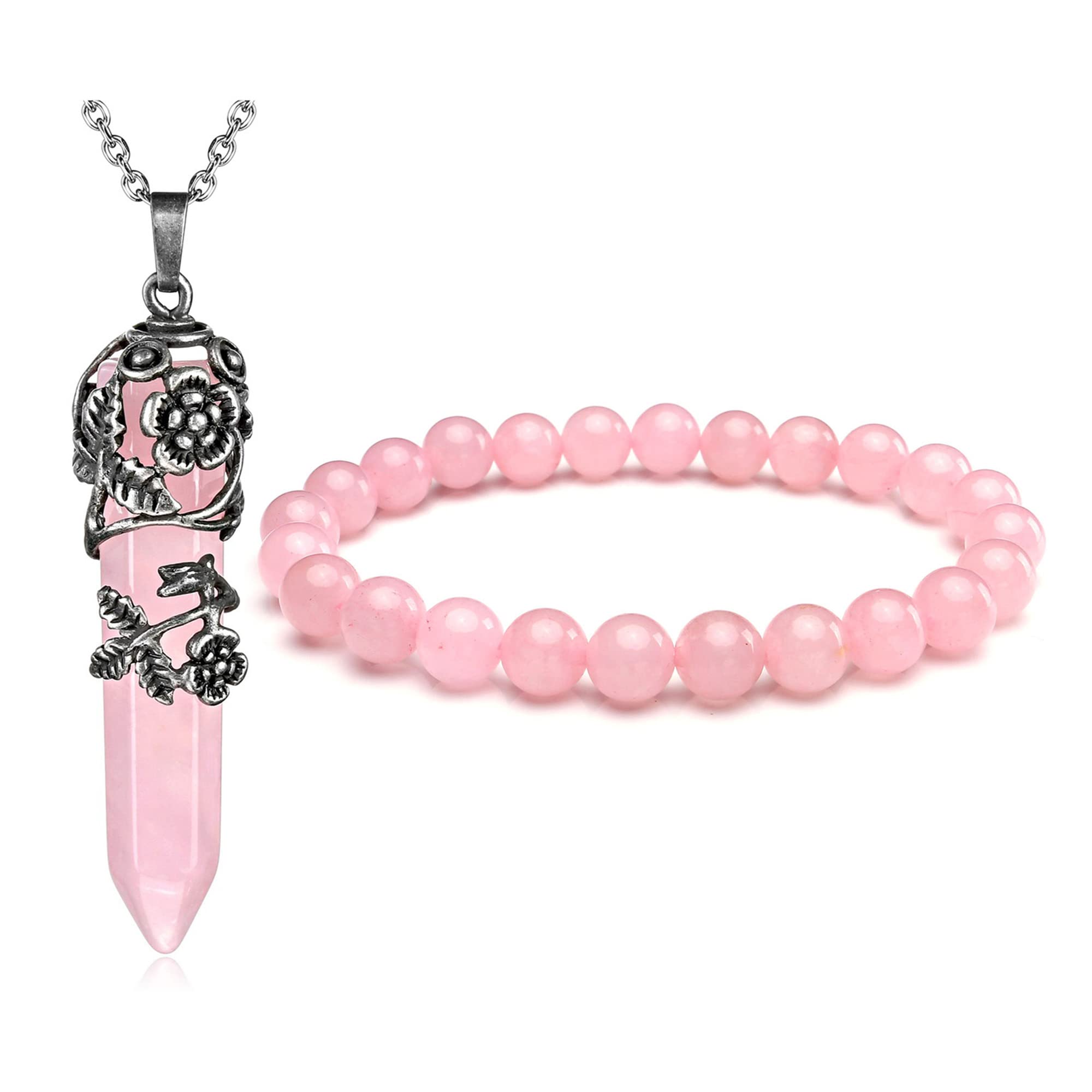 JSDDENatural Amethyst Rose Quartz Gemstone Crystal Healing Antique Silver Flower Wrap Pointed Pendant Necklace Bracelet Jewelry Set