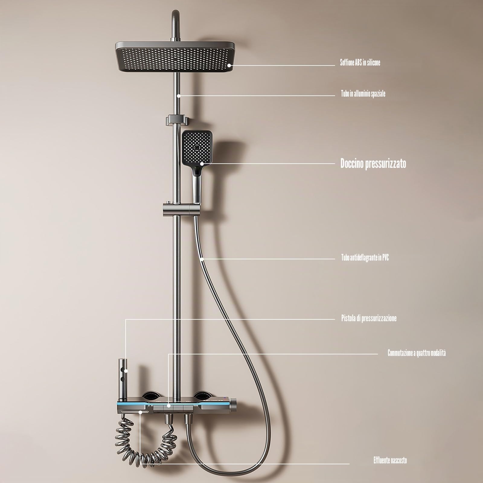 LED Display Digitale Colonna Doccia Termostatica, 80-120 cm Barra Doccia Altezza Regolabile, Colonna Doccia Con Testa Doccia 20 x 30 cm, 3 Miscelatore Doccia Con Piano (B)