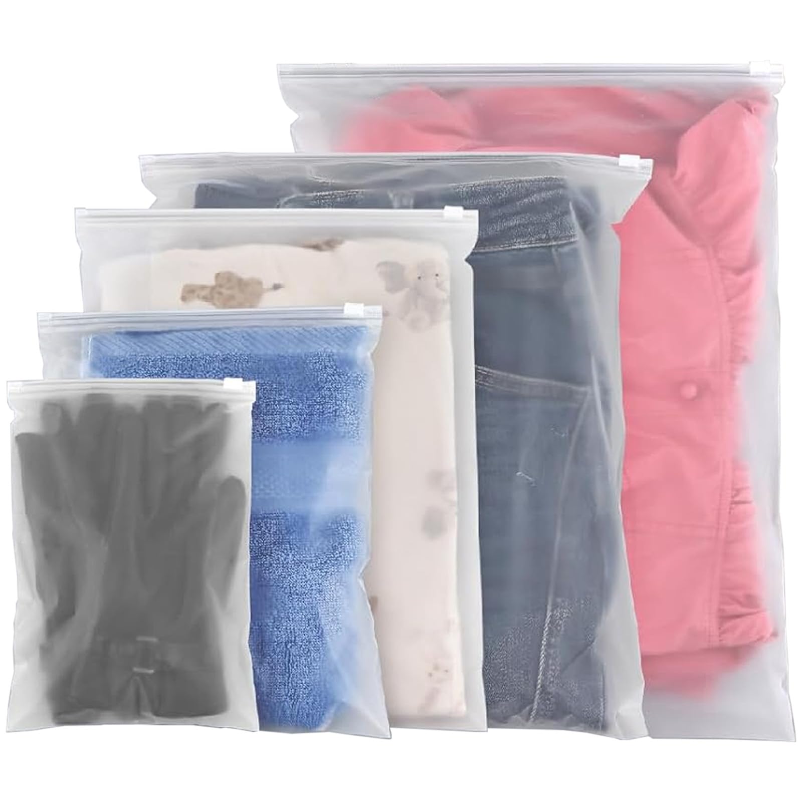 HIGA-JKL 50 Pcs Frosted Zip 5 Sizes Reusable Zip Lock Bags for Organiser No Holes Hospital Bag Waterproof Big Clothes Bags for Clothes,Shoes,Cosmetics,Suitcase（No Holes）