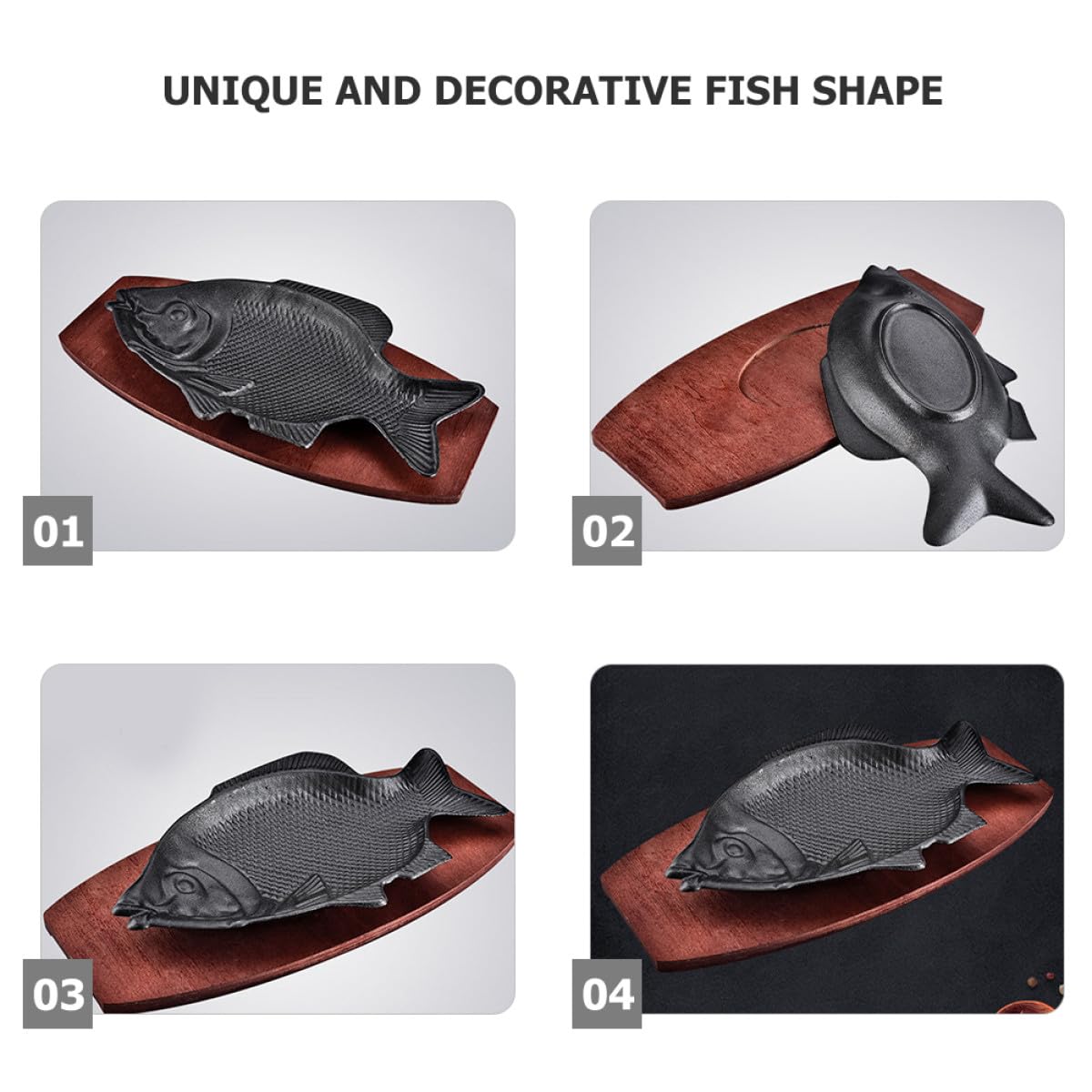 Plato para Servir Pescado en Forma de Pez de Hierro con Base de Madera Resistente al Calor y Fácil de Limpiar Adecuado para Fiestas y Restaurantes