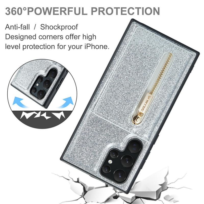 Galaxy Z Fold 5 etui ochronne 【brokatowe, 2 w 1, zdejmowane, funkcja stojaka】 Magnetyczna kieszeń portmonetka Back Case Cover etui z portfelem do Samsung Galaxy Z Fold 5 - srebrne