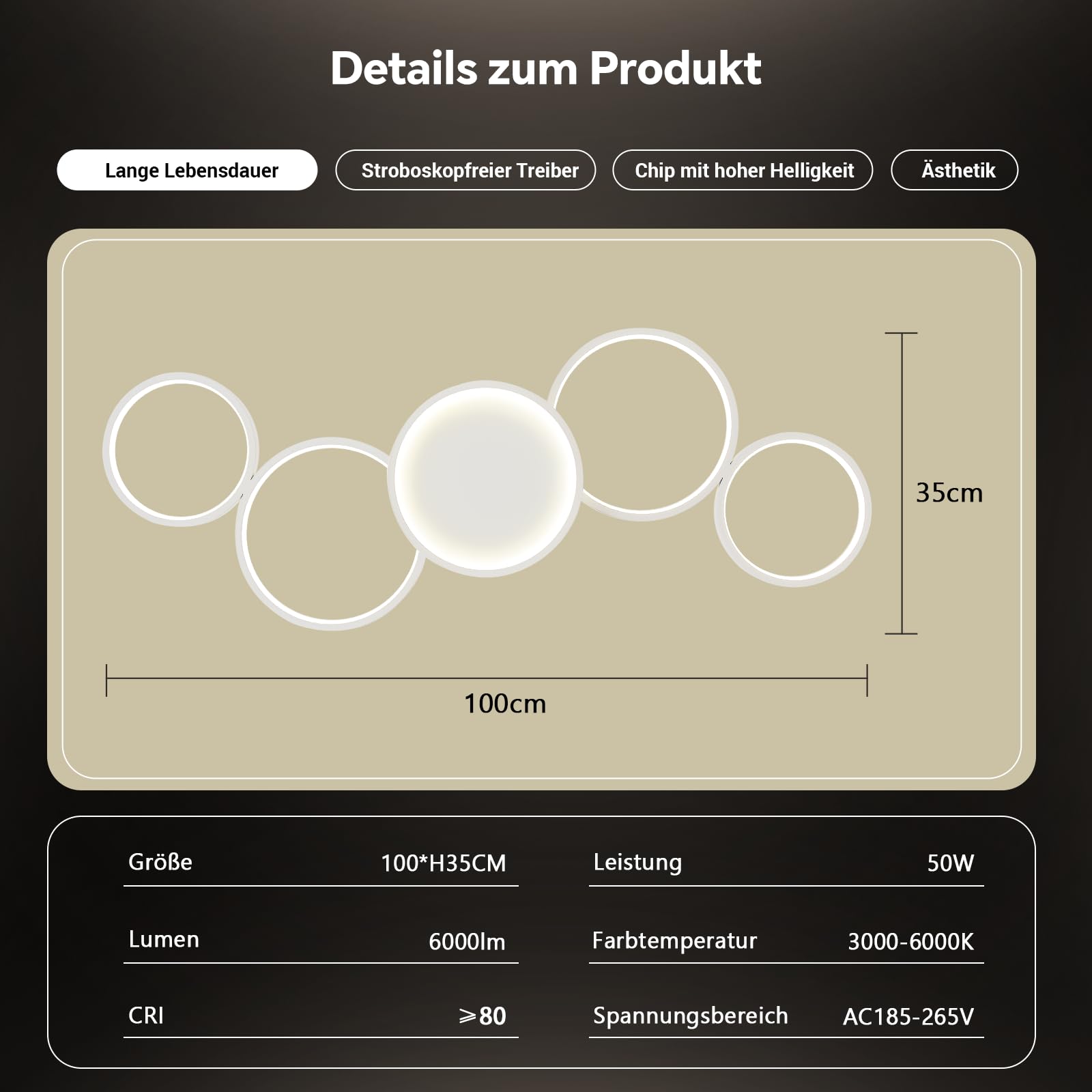 Sky angle Plafoniera LED con App Alexa e Google Home, Luminaria rotonda e dimmerabile - 50W 6000LM regolazione da 3000K a 6000K per soggiorno e camera da letto - 100 cm