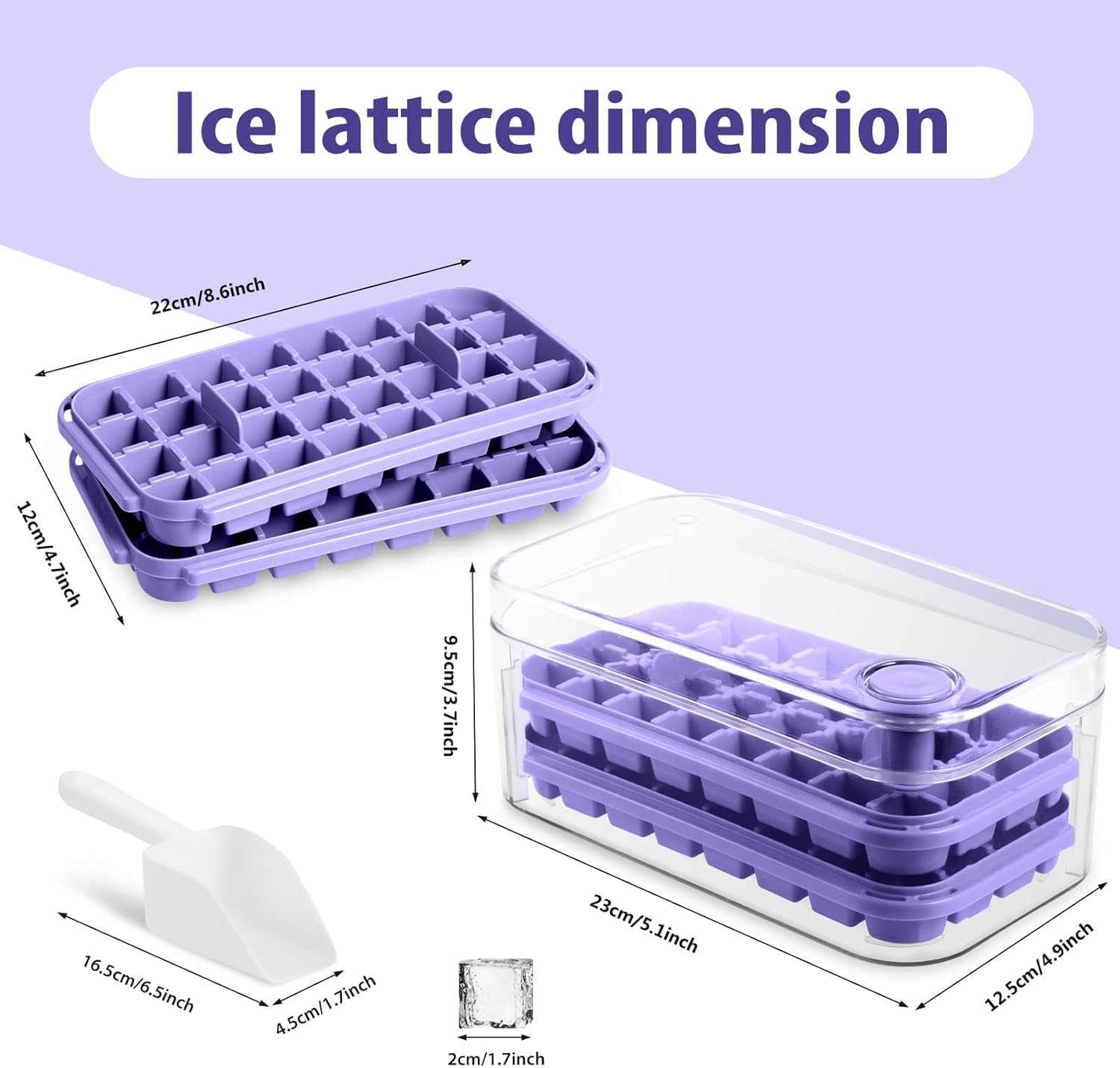 Bac à Glaçons 64 Carrés Qualité Alimentaire Sans BPA Couvercle Libération Rapide Violet