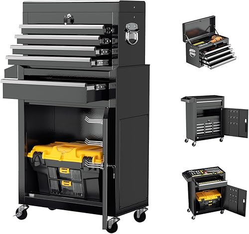 Miniatura 14 de Crownland Caja de herramientas con ruedas de 8 cajones con ruedas, armario de herramientas desmontable 2 en 1 con cerradura con cajones y Negro