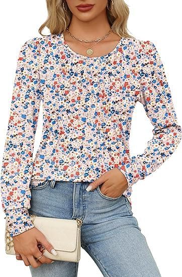 Womens Long Sleeve Shirts Pleated Dressy Casual Blouses Crewneck Trendy Fall Fashion Loose Fit Tunic Tops - Image 3