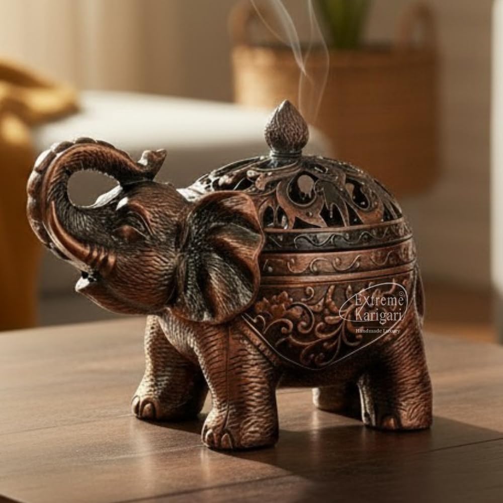 Metal Trunk Up Elephant Incense Holder with Lid – Decorative Dhoop Batti Holder | Antique Copper Finish Loban Burner for Home Temple, Meditation & Spiritual Decor-image-28