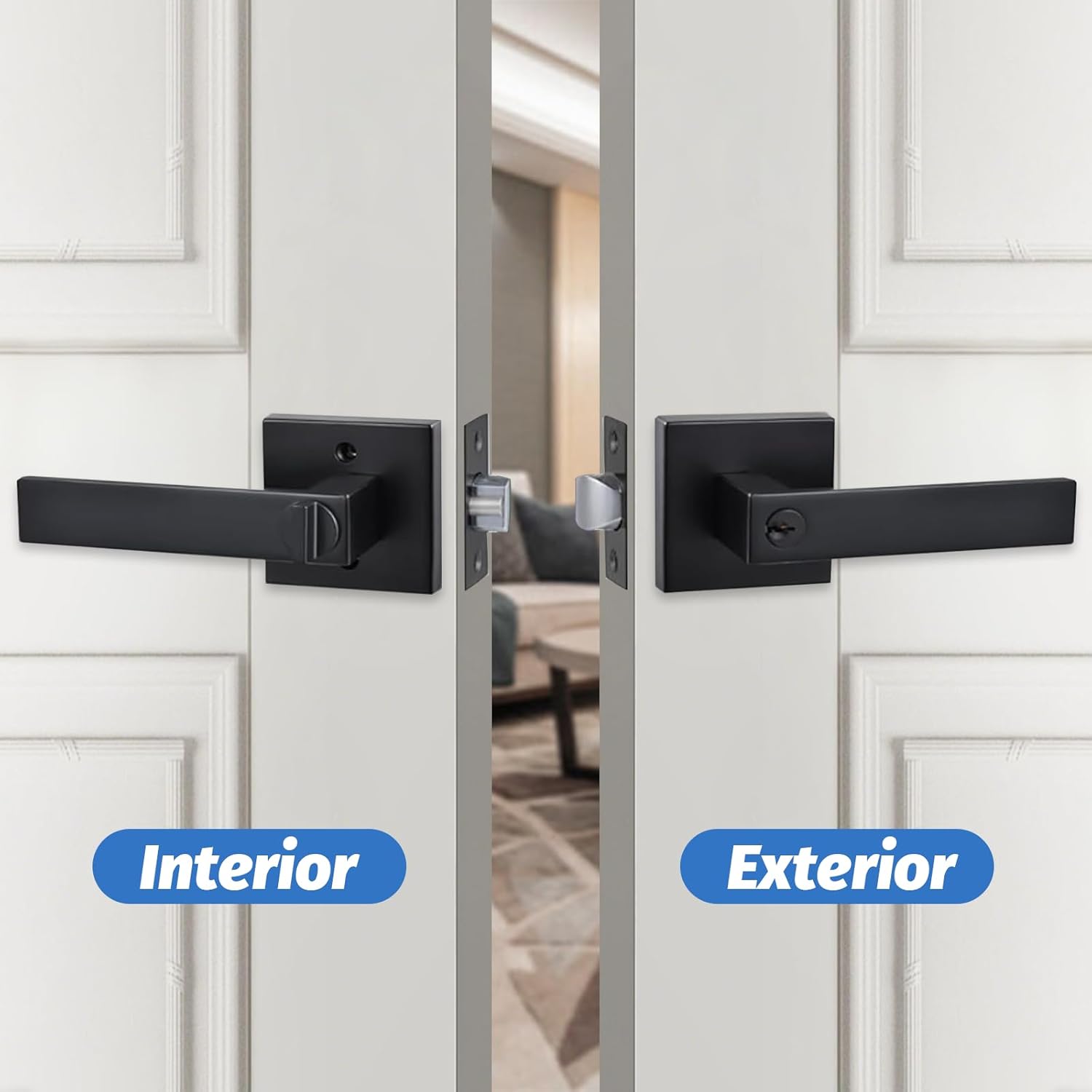 Entry Door Handle, Black Door Lever with Lock and Key, Entrance Door Lock Heavy Duty Keyed Exterior Door Knob for Bedroom, Bathroom, Front Door, Office, 1 Pack in Black Each with 3 Keys