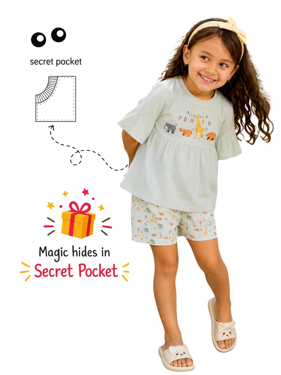 Pilolo Kids Playful Peplum Green Chest Print Flare Sleeves Comfortable Soft Cotton Pocket Top for Girls(8-9 Yr) 2