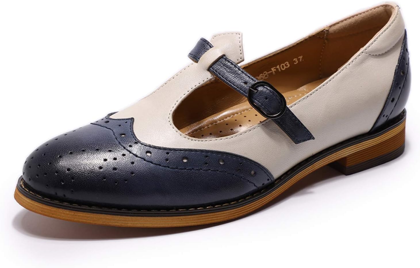 Mona flying Women's Leather Wingtip Oxford Mary Jane Loafer Casual Flat T Strap Shoes for Ladies