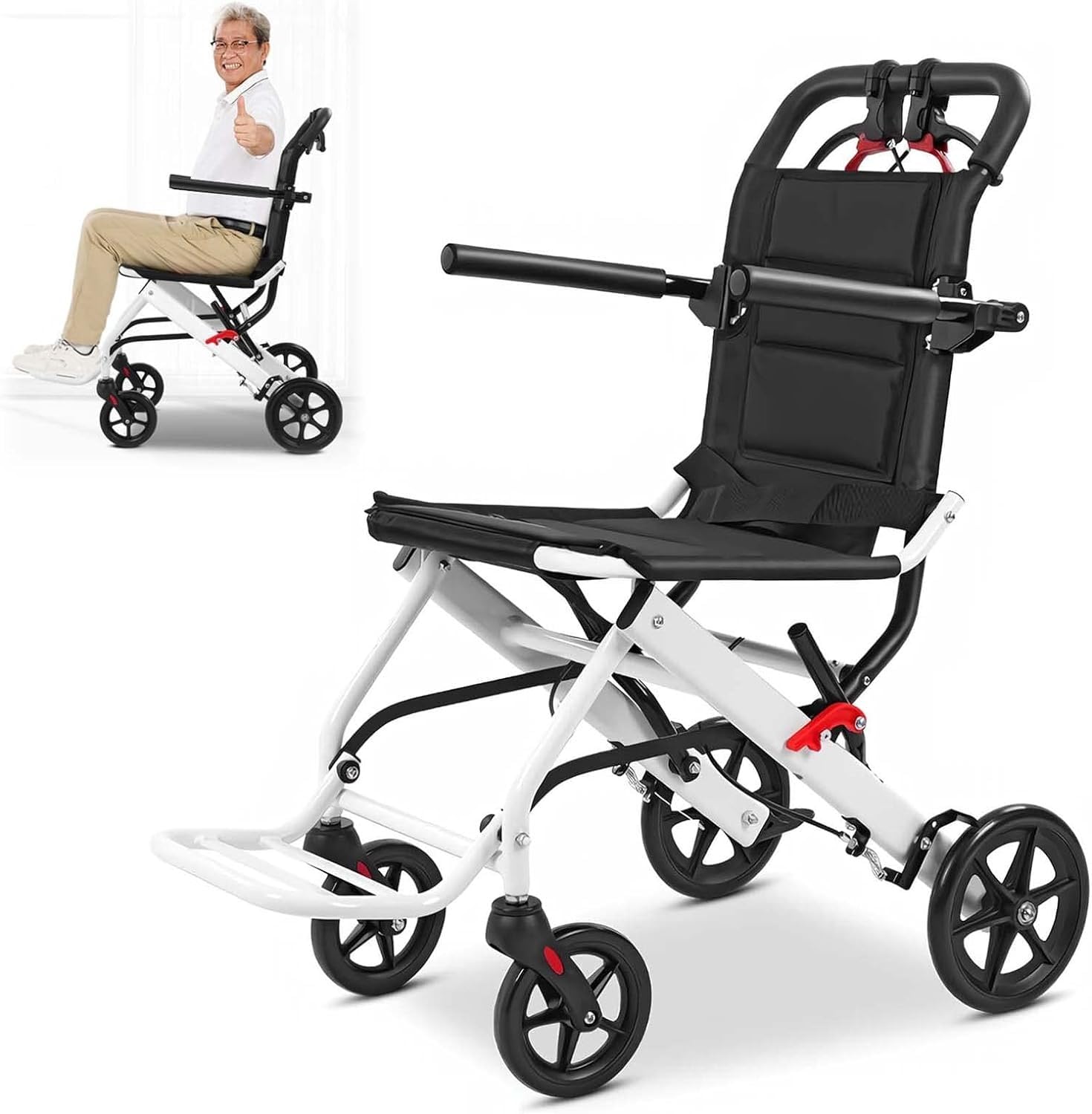 SXSLTSA Small Wheelchair Foldable Lightweight Aluminum Transport Wheelchairs, Extra Narrow Wheelchair for The Home, Ultralight Wheelchairs with Brake, Travel Wheelchair, Seat Width 39 cm
