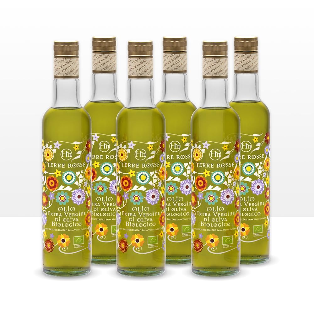 Terre Rosse - Włoska Organiczna Oliwa z Oliwek Extra Virgin Tłoczona na Zimno - Monokulturowa Moraiolo - Certyfikaty Kosher/P - Limitowana edycja Olive Harvest 2025 - Opakowanie 6 Butelki 500 ml