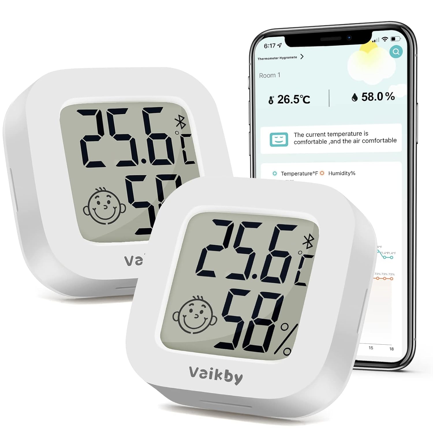 2Pack Room Thermometer Hygrometer Vaikby, Wireless Smart Temperature