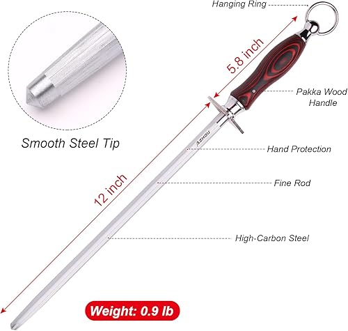 Miniatura 2 de Azhou Varilla de afilado fino de 12 pulgadas, HRC 632 de acero de alto carbono con mango de madera, afilador de cuchillos de cocina profesional,