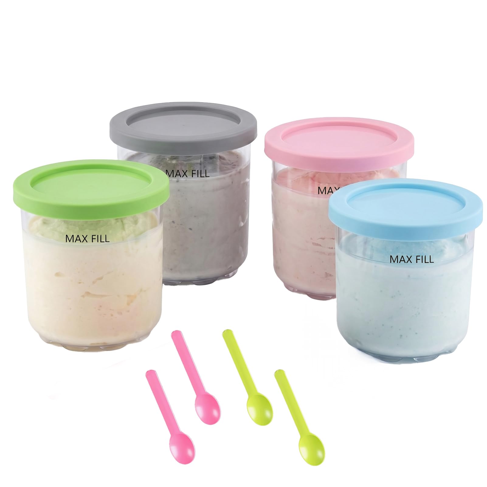 Bobppop 4 Pack Green/Pink/Blue/Grey Generic 16Oz Ice Cream Pint Containers With Lids & Accessories, Compatible With Ninja Creami Nc700 Nc701 Series, Bpa-Free, Dishwasher Safe, 4 Pack