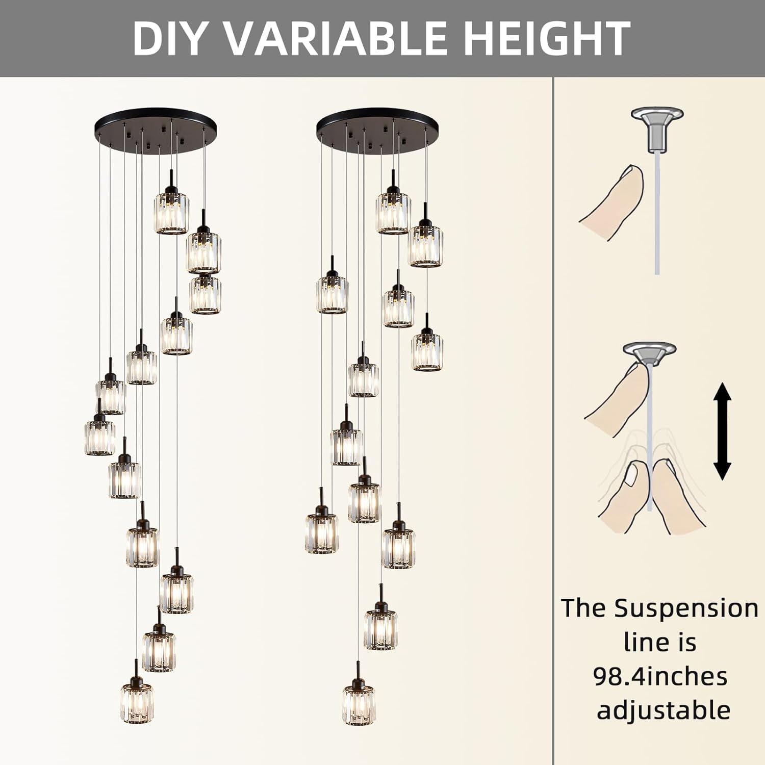 Black Chandelier-12-Lights Staircase Chandelier for Living Room Hight Ceiling Foyer Pendant Lighting Fixture Modern Raindrop Crystal Chandelier Spiral Stairwell Lighting