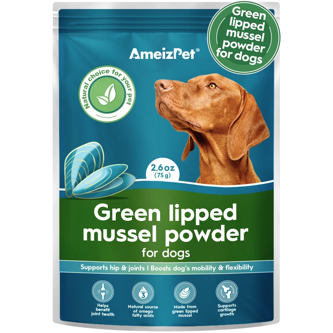 AmeizPet Green Lipped Mussel Powder for Dogs Hip And Joint Care for Dog Mobility Booster With Glucosamine Omega-3 Enriched Supplement