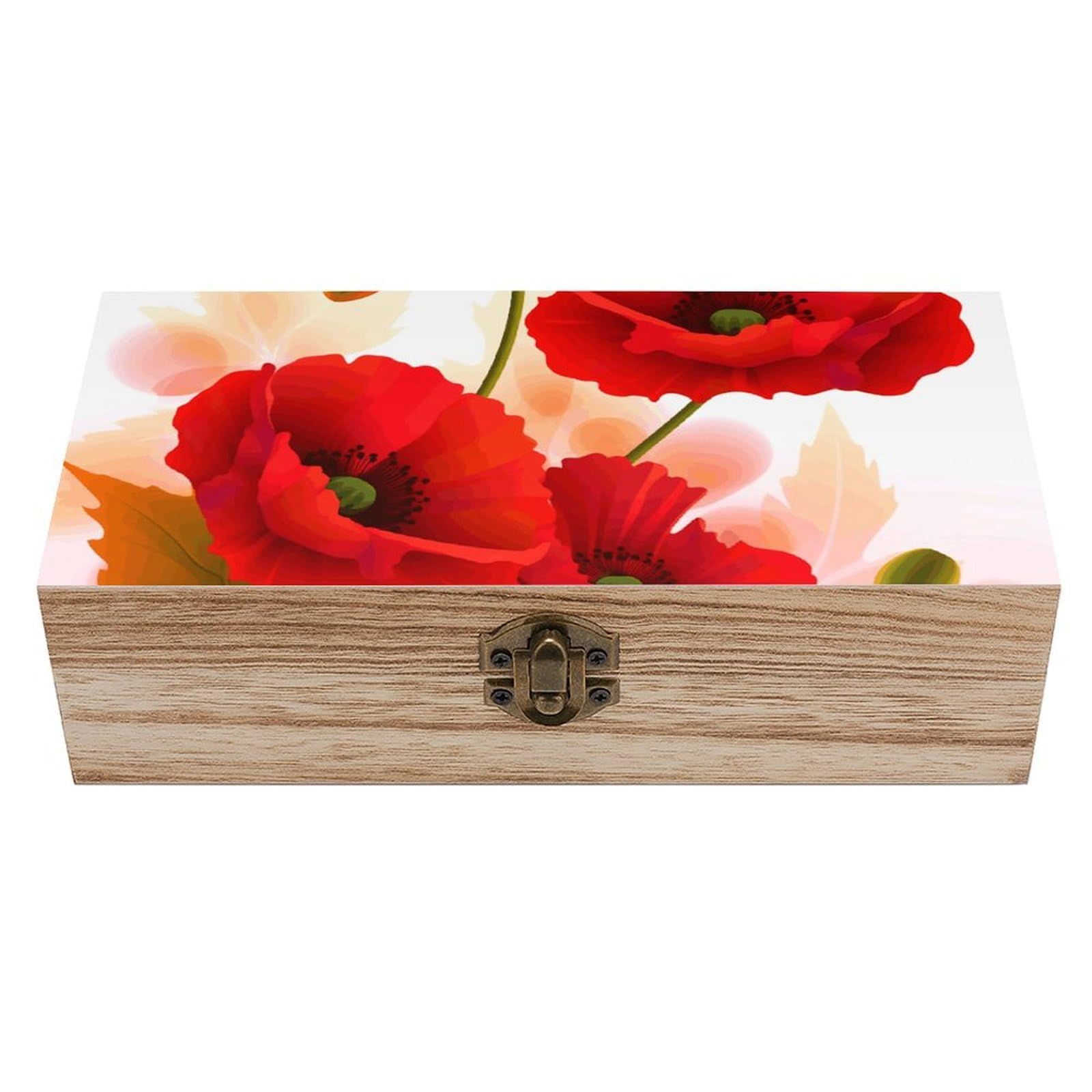 LZQPOEAS Poppy Flowers Vivid Petals Wooden Storage Box Small Decorative Box with Hinged Lid Handmade Elegant Keepsake Storage Box for Jewelry, Photos, Trinkets, Letter Gifts, Small Heirlooms
