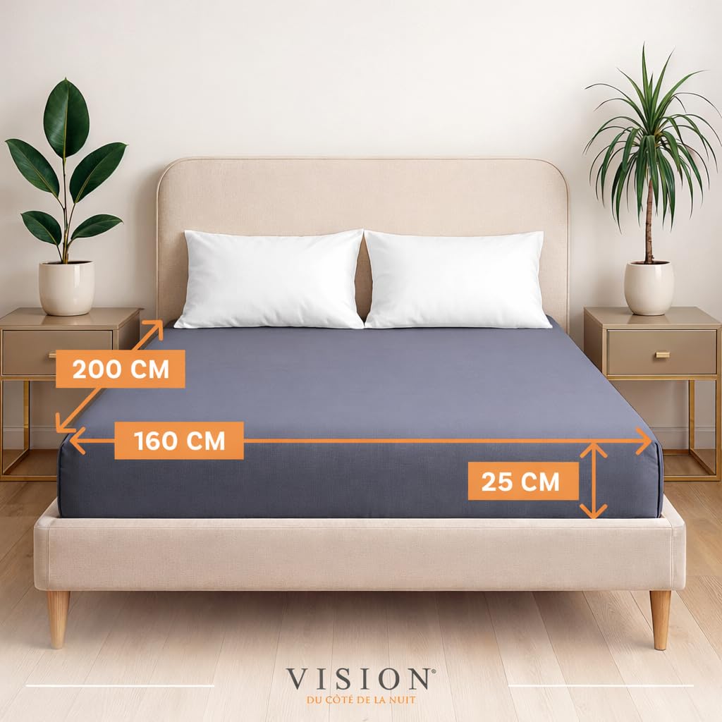 VISION Lenzuolo con angoli - 100% cotone - Letto matrimoniale (160 x 200 cm) - Angoli elasticizzati - Adatto a materassi fino a 25 cm - Certificato Oeko-Tex - Lavabile in lavatrice - Colore: grigio