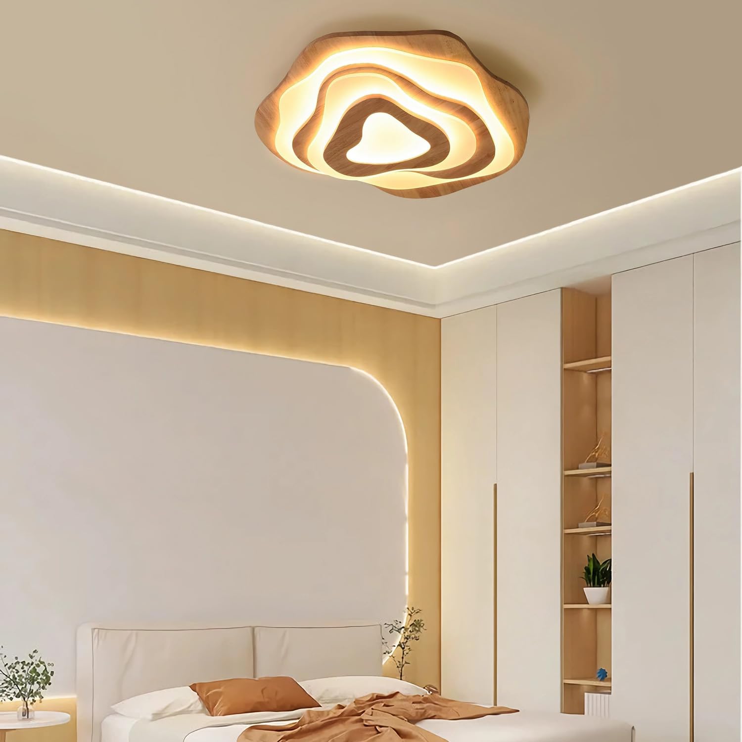 LED Deckenlampe Holz Dimmbar Wohnzimmer Deckenlampe mit Fernbedienung, 60cm | 50W Wohnzimmerlampe Schlafzimmerlampe aus Holz+Acryl, Mit Nachtlicht Memory-Funktion Holzlampe , für Esszimmer, Kinderzimmer