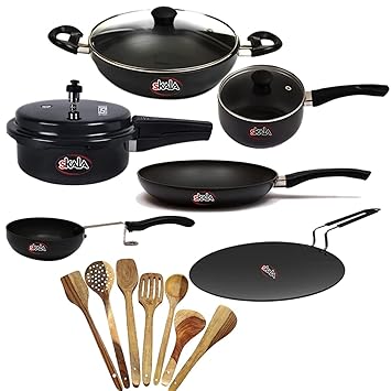 Skala Hard Anodized [Non-Induction] Family Pack of 3Ltr Junior Pressure Pan | Kadai 28cm | Sauce Pan 16cm | Tadka Pan 12cm | Fry Pan 26cm | Concave Tawa 30 cm 5mm | Set Of 7 Wooden Spoons | Gift items