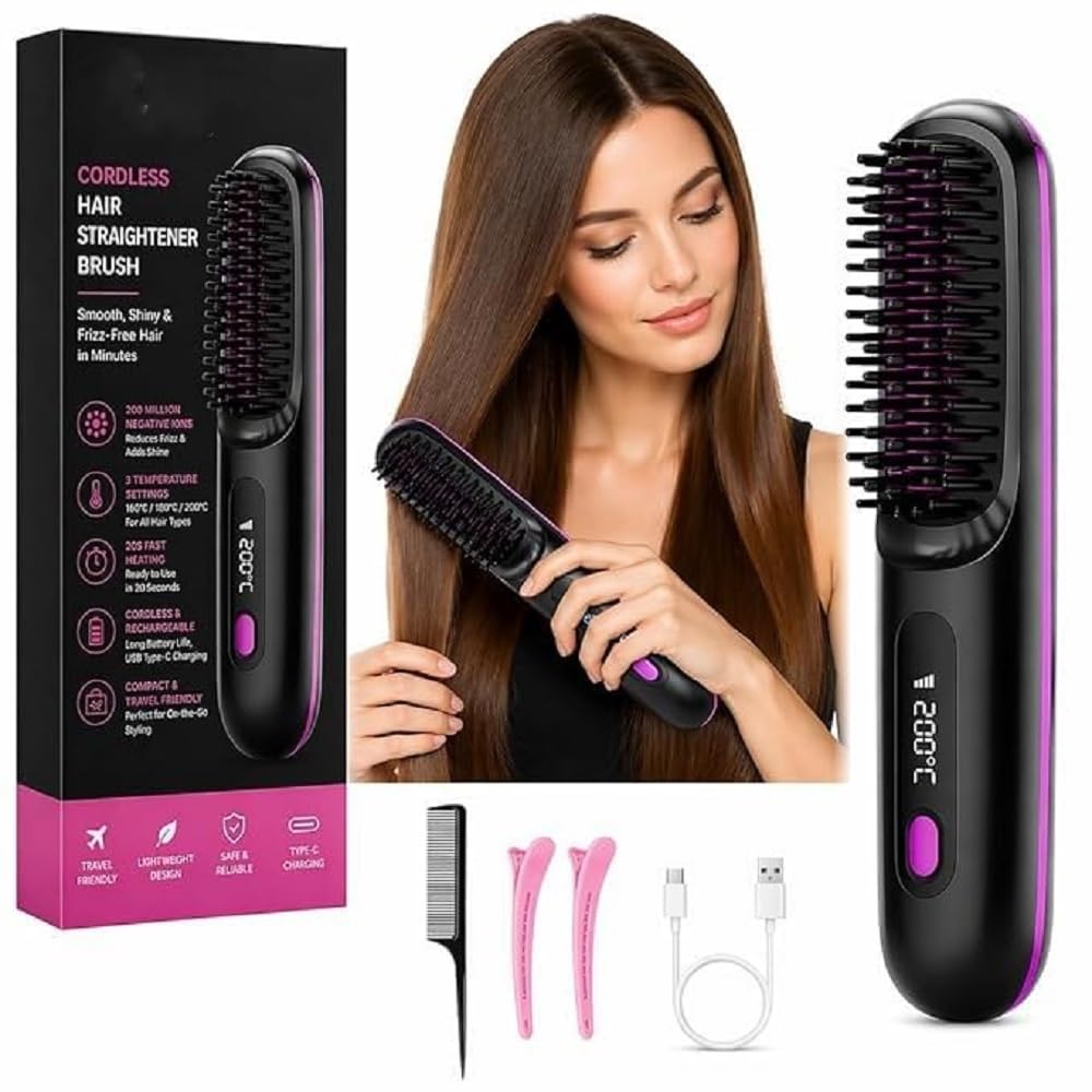 Rechargeable Cordless Hair Straightening Brush with LED Heat Display, Ceramic Bristles and Type C Charging, Portable Straightener Comb for Frizz Control, Travel and Daily Styling-image-42