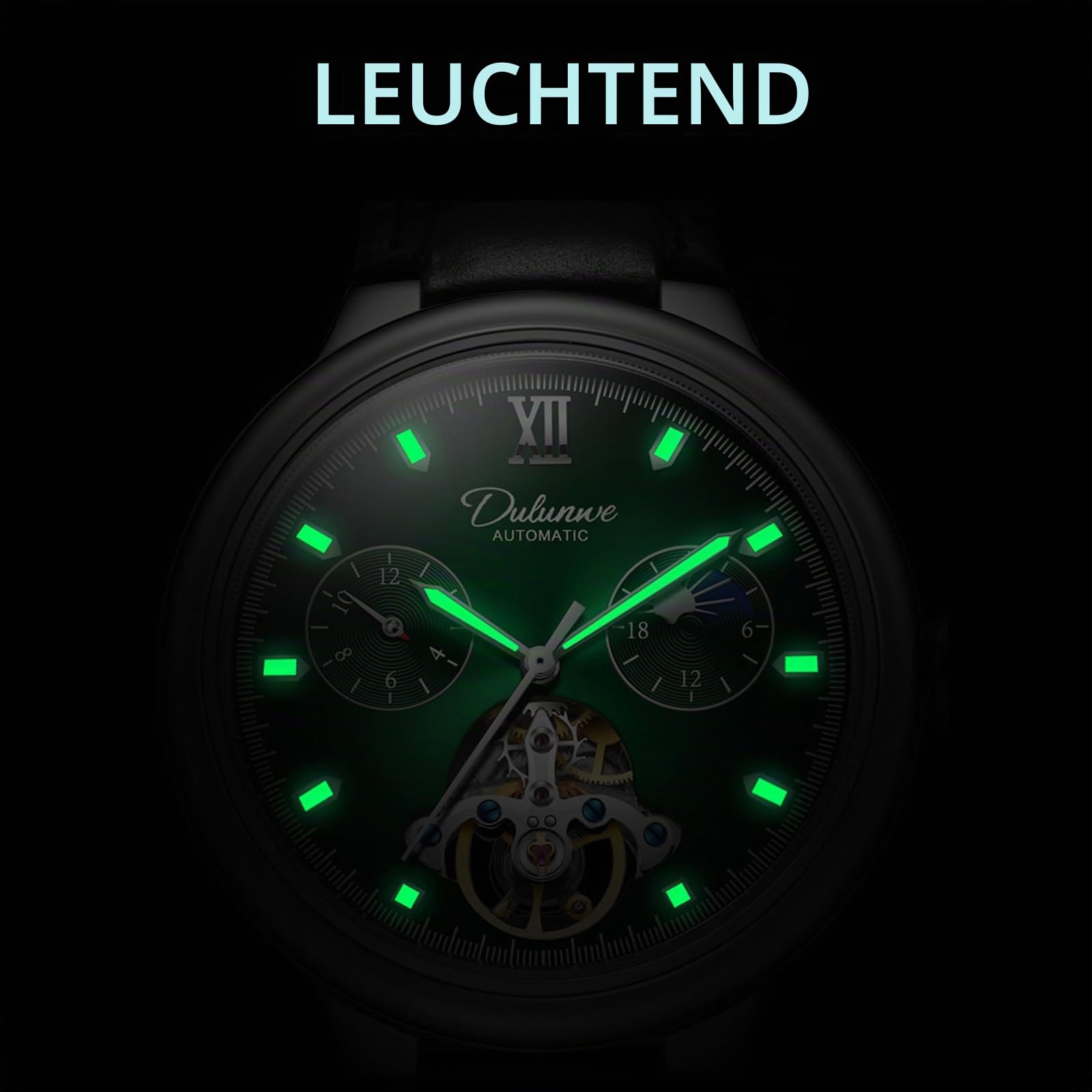 Herren-Armbanduhr, mechanisch, Handaufzug, Lederarmband, Mondphase, Tourbillon, großes Zifferblatt, Business-Automatikuhren, leuchtend